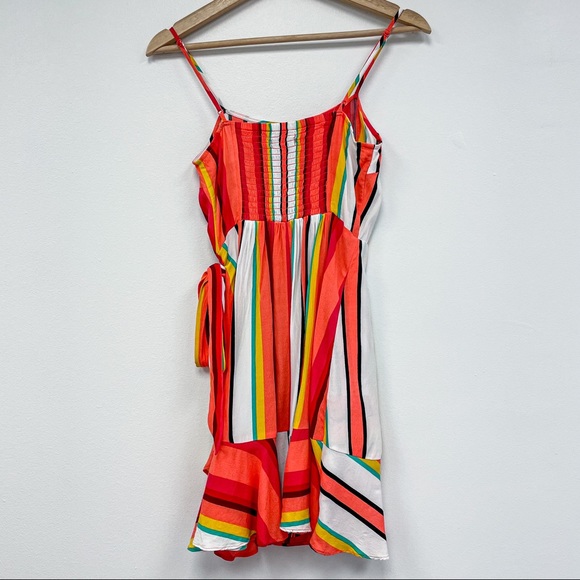 STRIPED SQUARE NECK RUFFLE WRAP MINI DRESS - Picture 5 of 5